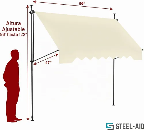 Vista 2 de STEELAID Toldo retráctil manual – Parasol de 59 pulgadas sin tornillos para exteriores – Cubierta de pérgola ajustable con protección UV – Toldo