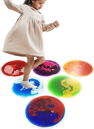 Vista 14 de art3d 4 piezas de baldosas sensoriales redondas para niños, bebés y niños pequeños, alfombra de actividad sensorial líquida colorida para juego