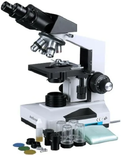 Vista 3 de AmScope Microscopio binocular compuesto B490B-LED, oculares WF10x y WF20x, aumento 40X-2000X, Brightfield, iluminación LED, condensador Abbe, etapa