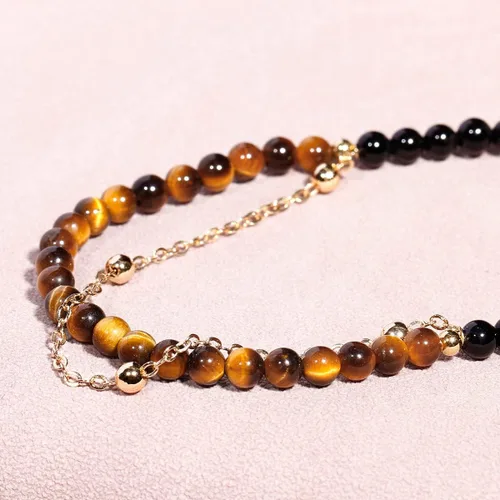 Vista 5 de Jewever Pulsera tobillera con diseño de ojo de tigre en capas y ágata negra para mujer, cadena chapada en oro de 14 quilates, antiansiedad, yoga