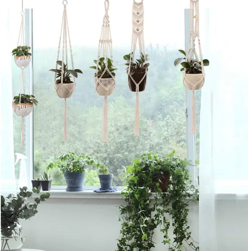 Vista 6 de Perchas de macramé para plantas hechas a mano, cuerda de algodón, soporte para macetas colgantes con temática bohemia para interiores y exteriores