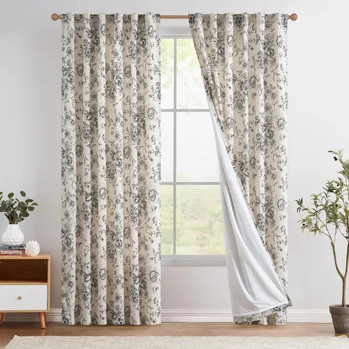 Vista 22 de Jinchan Cortinas de Mezcla de Lino con Estampado Floral para Sala de Estar, 84 Pulgadas de Largo, Cortinas con Bolsillo para Varilla y Tab Trasera