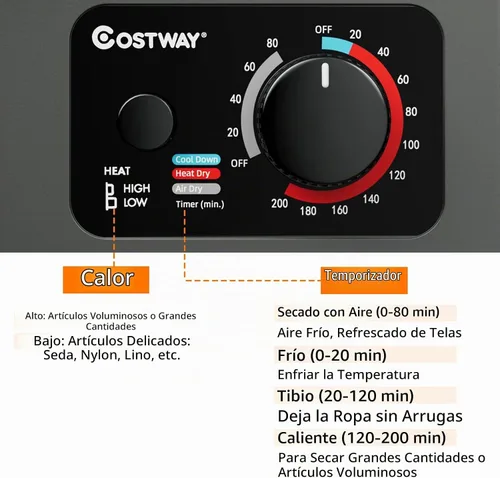 Vista 2 de COSTWAY Secadora de Ropa Compacta, Secadora de Ropa Portátil Eléctrica de 110V con Tambor de Acero Inoxidable, Panel de Control en la Parte Inferior