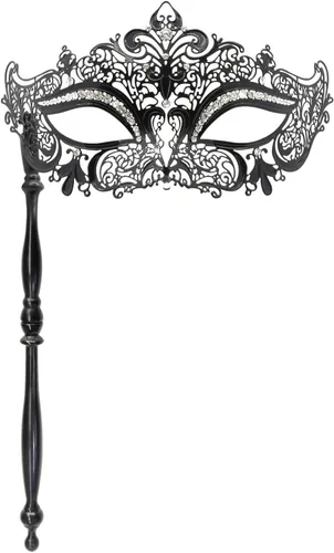 Vista 12 de Thmyo Máscara veneciana de fiesta de Mardi Gras de Halloween con palo de sujeción, máscara de mano con plumas de metal y diamantes de imitación