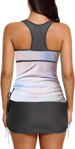 Vista 2 de Traje de baño Luvamia con falda y cierre frontal, 2piezas, tankini con espalda cruzada, para mujer