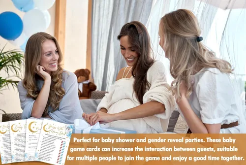 Vista 5 de Moon Stars - Juego de juegos para baby shower, 4 juegos que incluye trivias, peleas de baby shower, predicciones y consejos, encuentra quién mamá