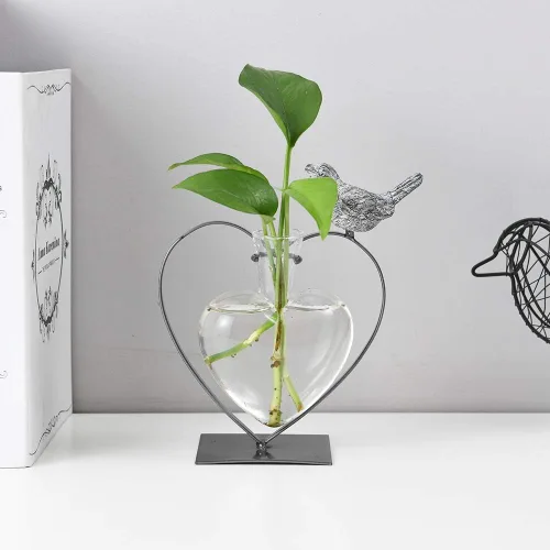Vista 6 de Marbrasse Jarrón de cristal de escritorio, jarrones de vidrio con forma de bombilla para soporte, jarrón de planta creativa de pájaro con corazón