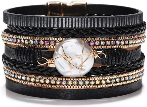 Vista 29 de Fesciory - Pulsera de leopardo para mujer, estilo bohemio de cuero multicapa con perlas de cristal