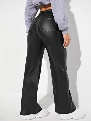 Vista 2 de MakeMeChic Pantalones de mezclilla de piel con bolsillos de cintura alta para mujer