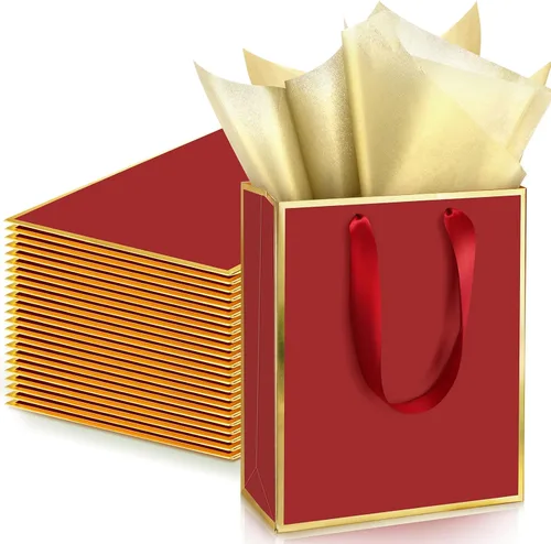 Vista 22 de Yeaqee Paquete de 24 bolsas de regalo de papel metálico con asa y tejido de 9 x 7 x 3.1 pulgadas, papel de aluminio dorado, bolsas de agradecimiento