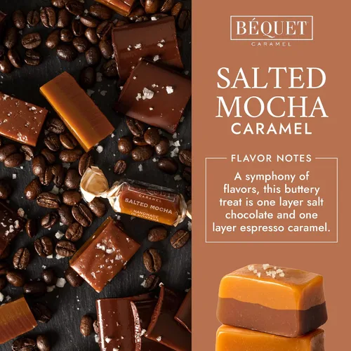 Vista 4 de Béquet Caramelo, caramelo gourmet de moca salado, caramelo de café envuelto individualmente, caramelo de sal marina gourmet, fabricado en Montana
