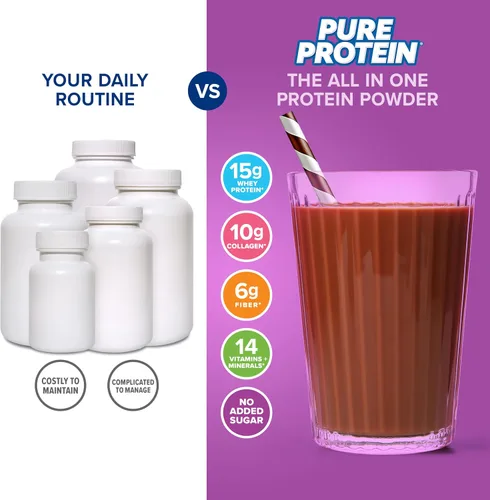 Vista 5 de Pure Protein Polvo todo en uno, chocolate rico, suero de leche y colágeno, alto en fibra, vitaminas, sin azúcar añadido, sin OMG, sin gluten, 1.25