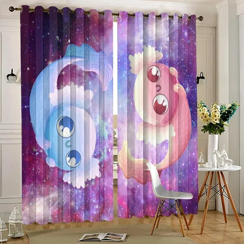Vista 5 de Cortinas abstractas de ajolote con diseño de galaxia colorida y peces, con aislamiento térmico, oscurecimiento de habitación completa, para sala
