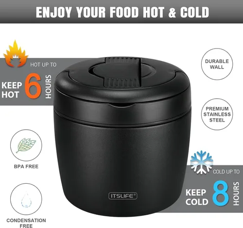 Vista 3 de Termo de sopa para comida caliente, contenedor de almuerzo aislado de acero inoxidable de 32 onzas, termo de boca ancha para sopa y alimentos, Negro