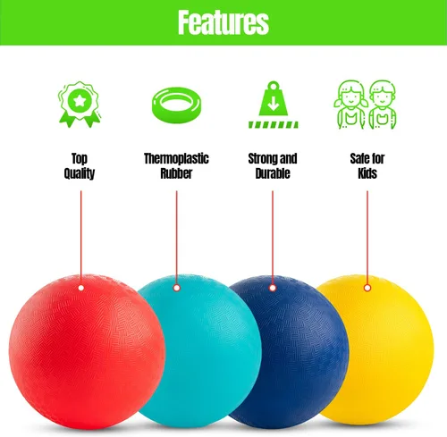 Vista 4 de New Bounce Pelotas de juegos para niños, juego de 4 pelotas de goma para rebotar más bomba y 2 pines, tamaño reglamentario para dodgeball y más