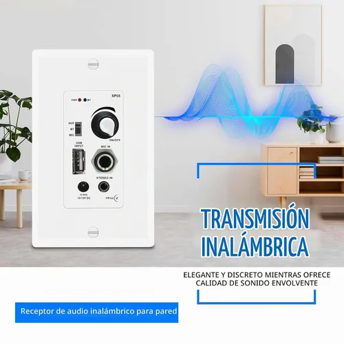 Vista 3 de receptor amplificador de control de audio en pared compatible con Bluetooth, 2 canales, placa de pared con entrada USB, micrófono (3.5mm) Aux, 120W