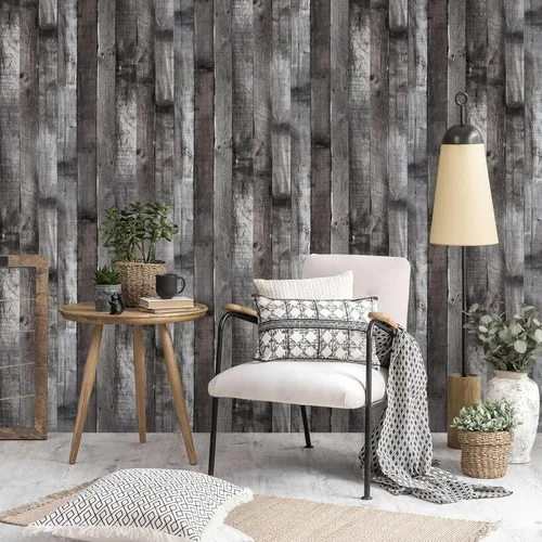 Vista 5 de Papel tapiz de madera vintage para despegar y pegar de 17.3"×80" gris/negro, papel de contacto de madera rústica, papel tapiz extraíble, papel