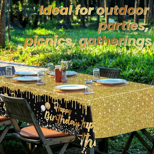 Vista 3 de Paquete de 3 Manteles de Feliz Cumpleaños Manteles Negros y Dorados Cubierta de Mesa de Plástico Mantel Rectangular de Cumpleaños para Mujeres