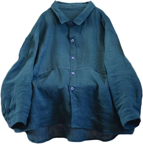 Vista 11 de NFYM Camisa de lino y lino con botones para mujer, hecha a mano, manga larga, ajuste holgado, cuello con bolsillo