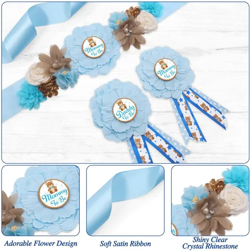 Vista 3 de Vansolinne Oso de peluche azul para maternidad, banda para mamá para ser y papá para ser ramillete, juego de alfileres para oso baby shower