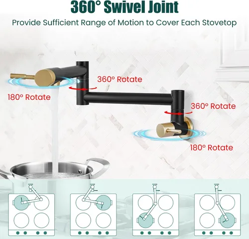 Vista 5 de Heyalan Pot Filler - Llenador de ollas de 19 pulgadas para montaje en pared, plegable, extensible, grifo de cocina/restaurante de acero inoxidable