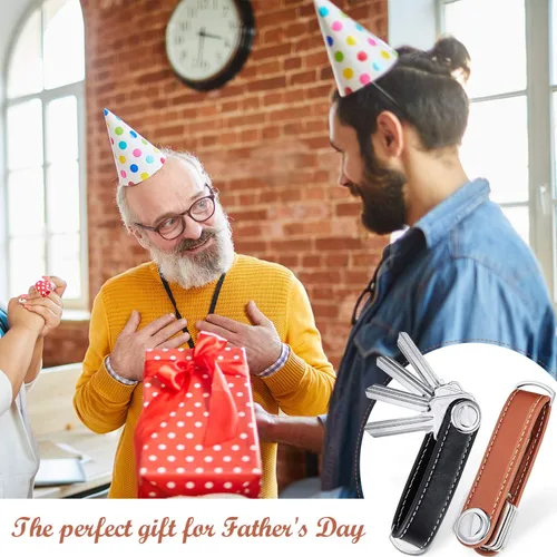 Vista 6 de 2 juegos de cuero organizador de llaves compacto plegable para llaves de bolsillo hasta 16 para hombres regalo del día del padre (negro, marrón)