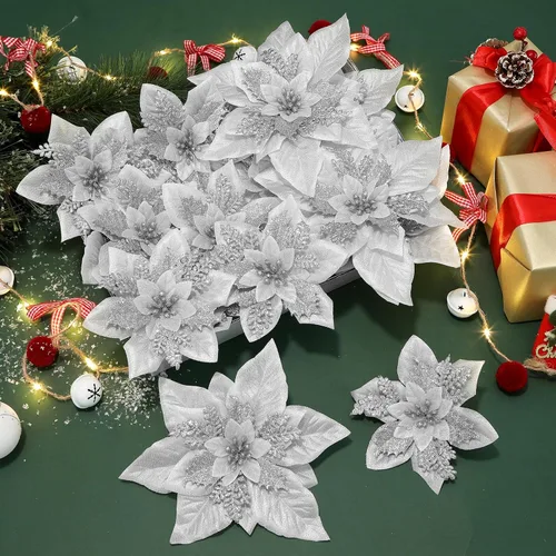 Vista 9 de Alupssuc 24 PCS Flores de Pascua Navideñas Negras Artificiales con Purpurina, Decoraciones Navideñas para Árbol, Corona, Chimenea, Flores de Pascua