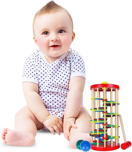 Vista 7 de AVIUDHE Juguete de bola de madera para niños, banco que golpea, martillo, rampa, rollo, juguetes educativos Montessori, regalo para bebés y niños