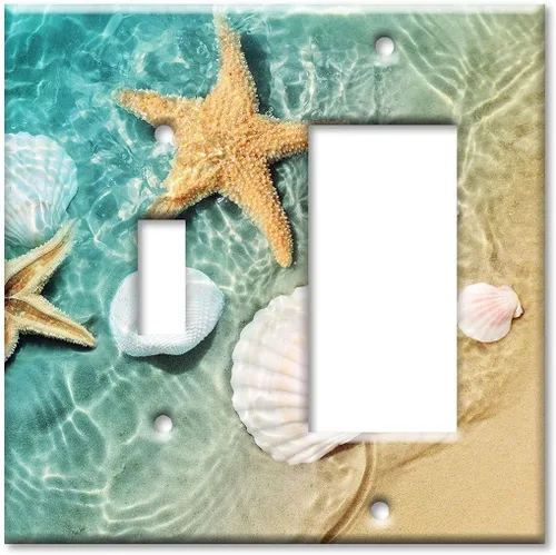 Vista 11 de Art Plates - Placa de interruptor de combinación de dos bandas - Toma de corriente - Palanca - Conchas de mar y peces estrella en piscina de mareas