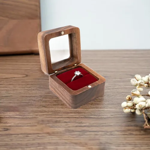 Vista 4 de soporte de anillo rústico de boda para propuesta,caja de regalo de joyería grabada con flora para cumpleaños de amante,Red