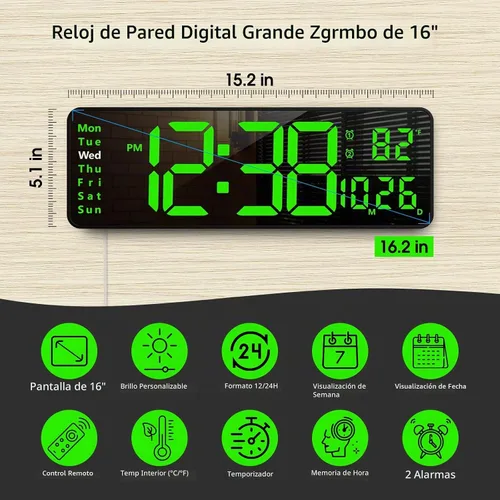 Vista 2 de Zgrmbo Reloj de pared digital de 16 pulgadas con control remoto, reloj digital de pantalla grande con fecha, temperatura interior, semana, 12/24
