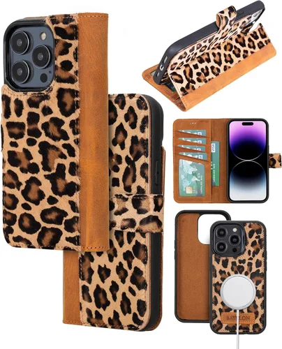 Vista 11 de Bayelon Funda para iPhone 14, funda de cuero de grano completo, [2 en 1], funda magnética desmontable con ranuras para tarjetas, soporte y función