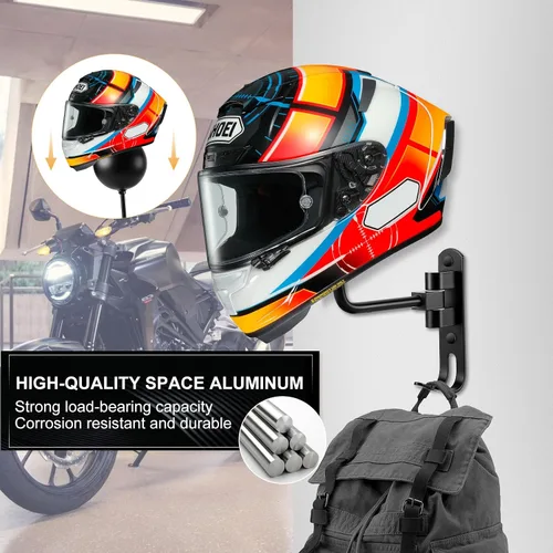 Vista 2 de Soporte para Casco de Motocicleta (Paquete de 2) de Montaje en Pared, Perchero para Casco con Rotación de 180° con Gancho Doble para Casco