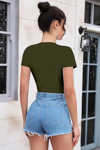 Vista 4 de SHEIUGU Camiseta de manga corta con cuello redondo para mujer, ajustada, básica, leotardo