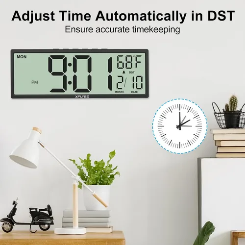 Vista 5 de Reloj de pared digital grande de 14.5 pulgadas, funciona con pilas con números gigantes, DST automático, día, fecha, alarma, temperatura para sala