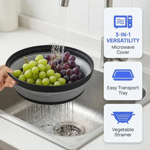 Vista 3 de Cubierta de alimentos para microondas con asa – Protector de salpicaduras de silicona plegable y ventilado con bandeja – Para microondas