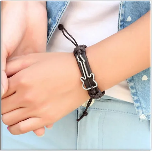 Vista 6 de Xusamss Punk aleación guitarra patrón cuero cordón cuerda pulsera