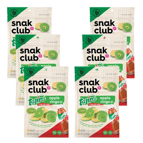 Vista 23 de Snak Club Tajin Anillos de Manzana, Bocadillos Gomosos Dulces y Sabrosos, Tamaño de Aperitivo de 2.5oz, 12