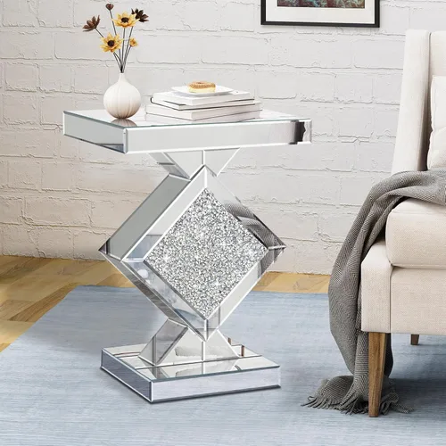 Vista 12 de Mesa auxiliar plateada con incrustaciones de cristal, mesa auxiliar moderna, mesa auxiliar cuadrada pequeña para sala de estar, dormitorio