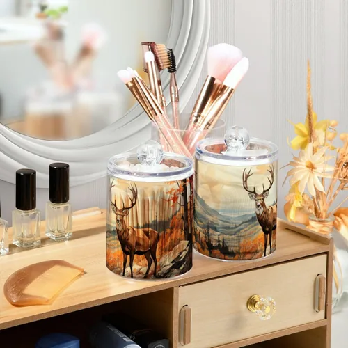 Vista 6 de Vnurnrn Qtip - Dispensador de bolas de algodón con tapa, estampado de ciervos y bosques otoñales, tarros de plástico, recipientes de baño