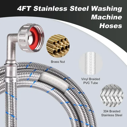 Vista 5 de Mangueras de lavadora - 4 pies - rojo azul Washer Hoses Stainless Steel Braided With Wrench Burst Proof Water Supply Lines Universal Fit to Hot
