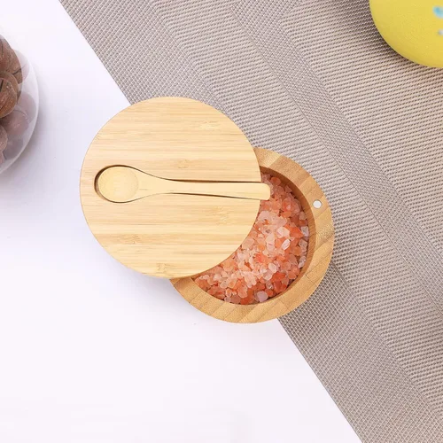 Vista 7 de Sal de bambú HTB con mini cuchara y tapa giratoria magnética Kitchen Salt Box 8 Oz for Countertop,Round Salt Container to Storage Pepper Spice