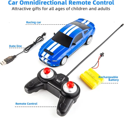Vista 6 de BDTCTK Control remoto 1/24 Ford Mustang Shelby GT500 RC Model Car, juguetes para niños y adultos mayores de 6 años, azul