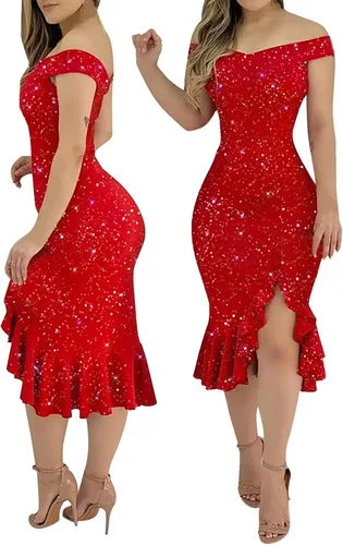 Vista 7 de Mini vestidos de verano para mujer, sexy, con hombros descubiertos, manga corta, con lentejuelas, volantes, irregulares, para cócteles