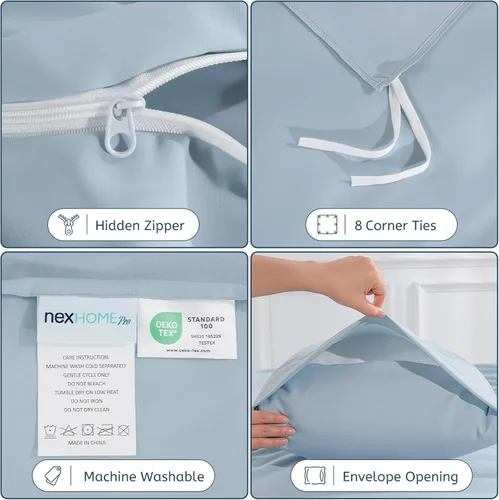 Vista 4 de NEXHOME PRO Funda de edredón tamaño individual, juego de funda de edredón azul de 2 piezas, suave y ligero, 100% microfibra lavada, juego para todas