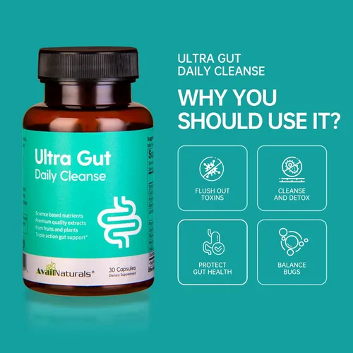Vista 5 de AvailNaturals Ultra Gut - Limpieza diaria de 15 días, 30 cápsulas con 2.5 mil millones de probióticos UFC, fibra dietética, extracto de hoja de sena