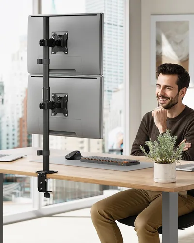 Vista 8 de monTEK Soporte Vertical Estable para Dos Monitores, Soporte de Escritorio Apilado para Dos Pantallas de 17-32 Pulgadas, Brazo de Movimiento Completo