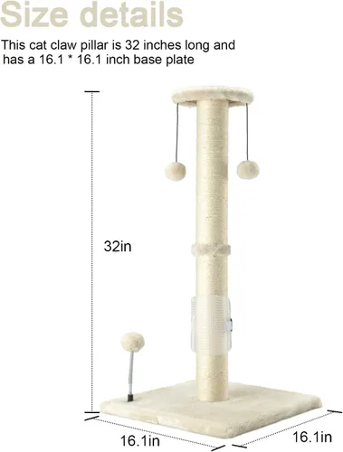 Vista 3 de PEEKAB Poste rascador para gatos de 32 pulgadas de alto, postes rascadores de cuerda de sisal con bola colgante y cepillo de auto-masaje, rascador