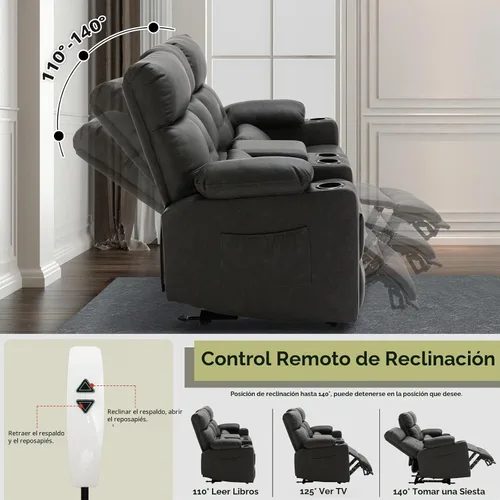 Vista 3 de Sofá Biplaza Reclinable Eléctrico con Consola, Sofá Biplaza Reclinable Eléctrico con Calor y Masaje, Reposapiés Extendido, Sofá Biplaza Reclinable