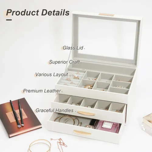 Vista 4 de V-LAFUY Joyero con tapa de vidrio, caja organizadora de joyas de 3 capas y 2 cajones, vitrina de joyería, organizador de joyas, cajas de joyería